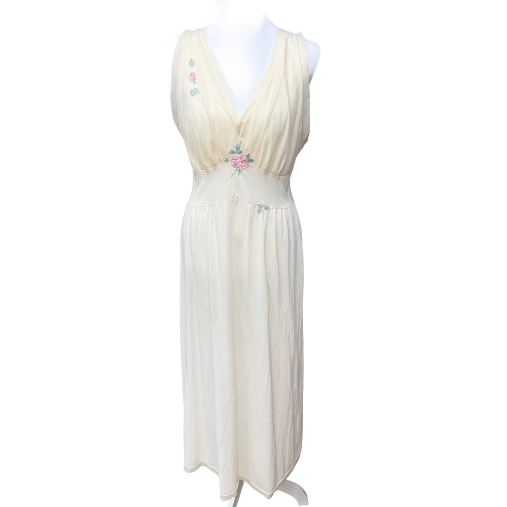 Vintage 60s Cream Floral Babydoll Maxi Nightgown Lingerie Romantic Ethereal - Picture 11 of 16